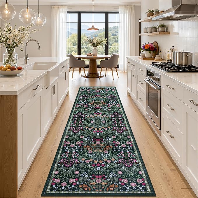PLHXFR 2.6x10 Washable Runner Rug：Floral Indoor Kitchen Carpet Dark Green | by PLHXFRSoftAreaRugs