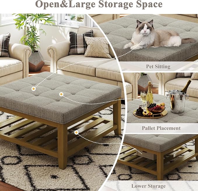Befurtori Large Square Ottoman Coffee Table, Linen Solid Upholstered Footrest - Image 5