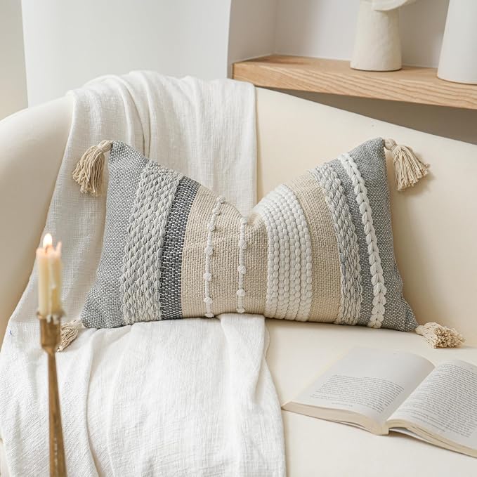 Decorative Lumbar Throw Pillow Cover 12x20 Boho Gray Accent Cushion - Image 3