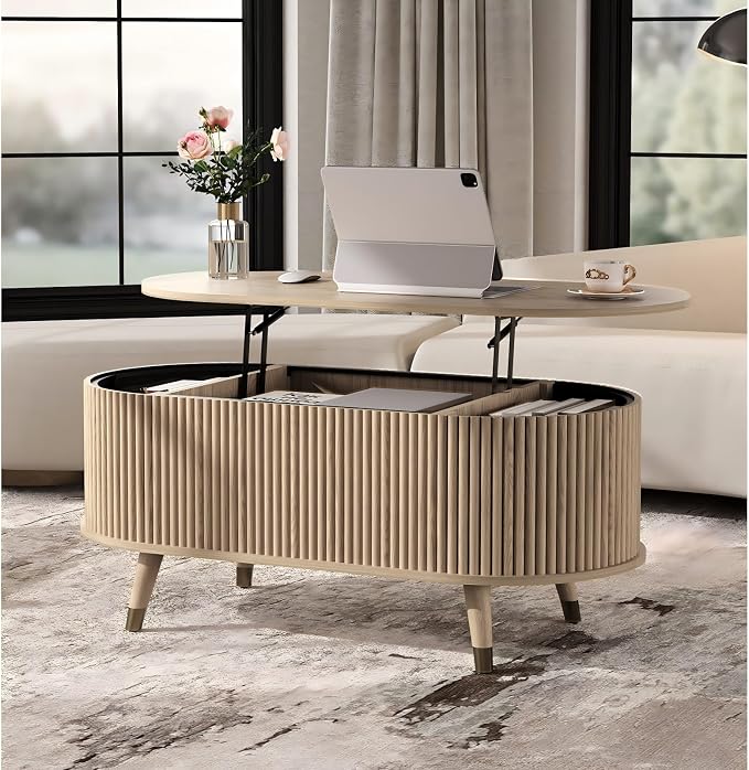 SULIVES Oval Coffee Table with Storage, Small Fluted Center Table - Image 7