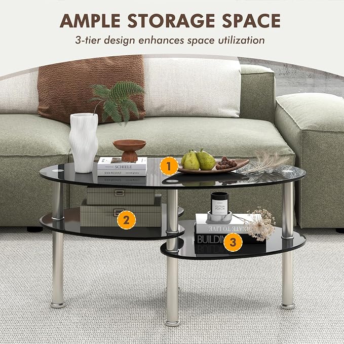 Tangkula Glass Coffee Table, 2-Tier Modern Oval Smooth Glass Tea Table End Table - Image 6