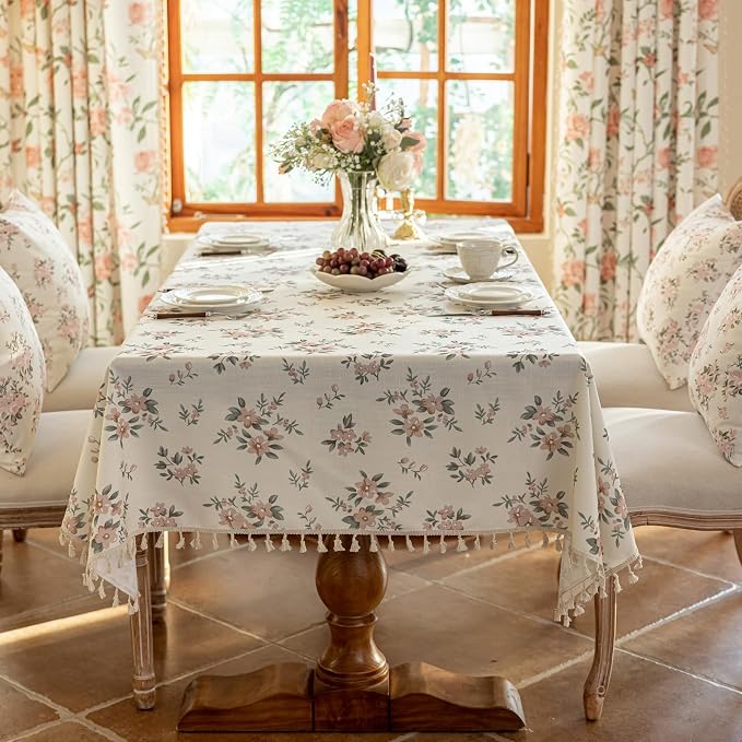 VClife Shabby Chic Pink White Floral Printed Tablecloth - Image 3