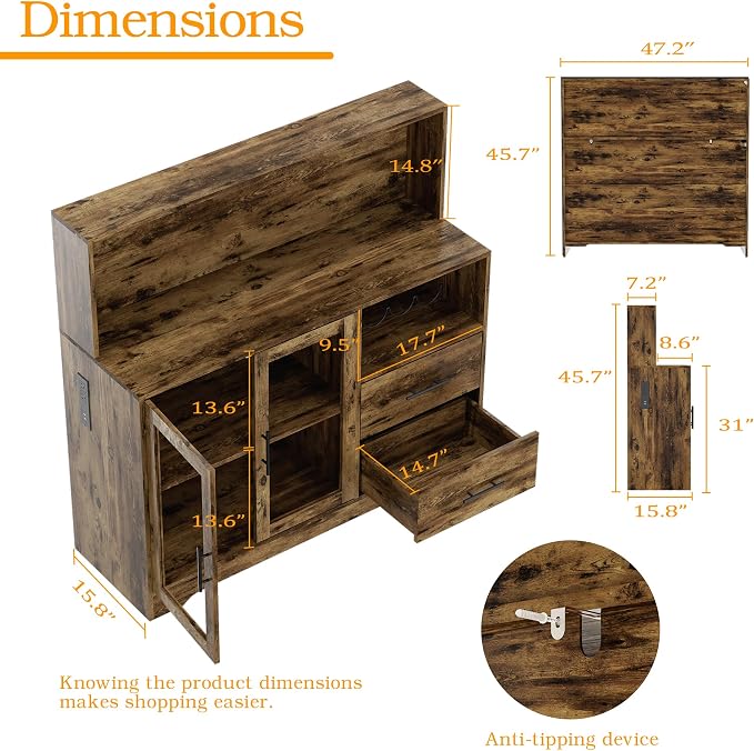 Home Bar Cabinet with Adjustable RGB LED Light, Wine & Coffee Storage with Rack - Image 2