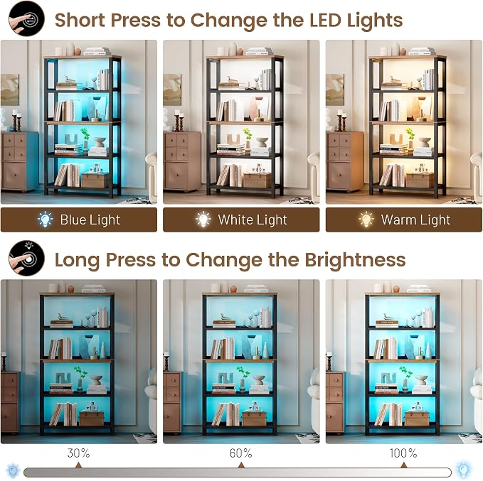 Vlsrka Wooden Bookshelf with Lights, 5 Tier Bookshelf with Storage, Tall - Image 4