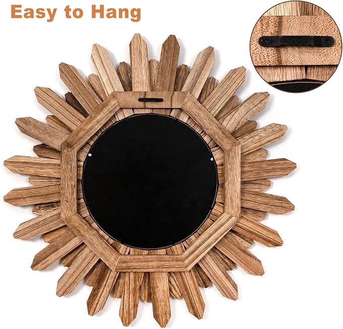 Emfogo Wall Mirror 21 inch Rustic Wood Sunburst Boho Mirror Wall Decor Home - Image 5