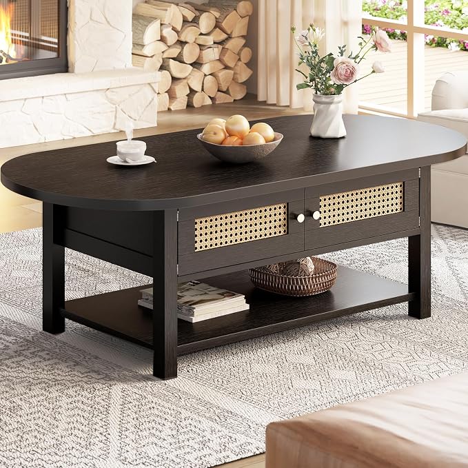 LVB Rattan Coffee Table, Boho Wood Living Room Table by LVB