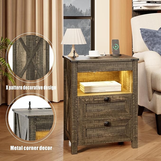 HWB Nightstands Set of 2 with Hidden Drawer, Farmhouse Bedside Table with - Image 7