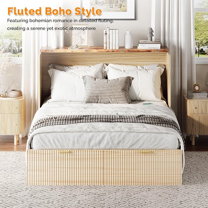 VINGLI Queen Murphy Bed with Storage Drawer, 2 Charging Station, Fluted Wooden - Image 6