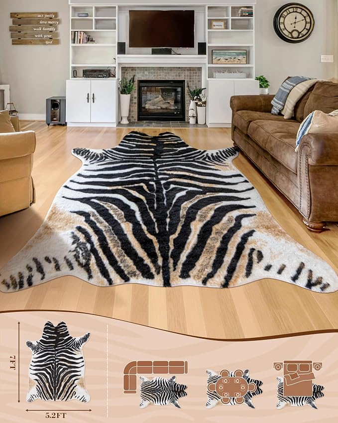 Zebra Print Rug for Living Room, Faux Fur Zebra Hide 6.2x8.2 Feet Animal Skin - Image 5