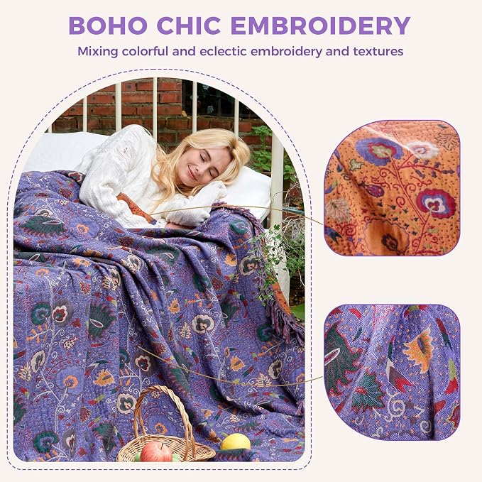 LUTBM Boho Throw Blanket for Bed 100% Cotton Soft Lightweight Quilt Home Decor - Image 3