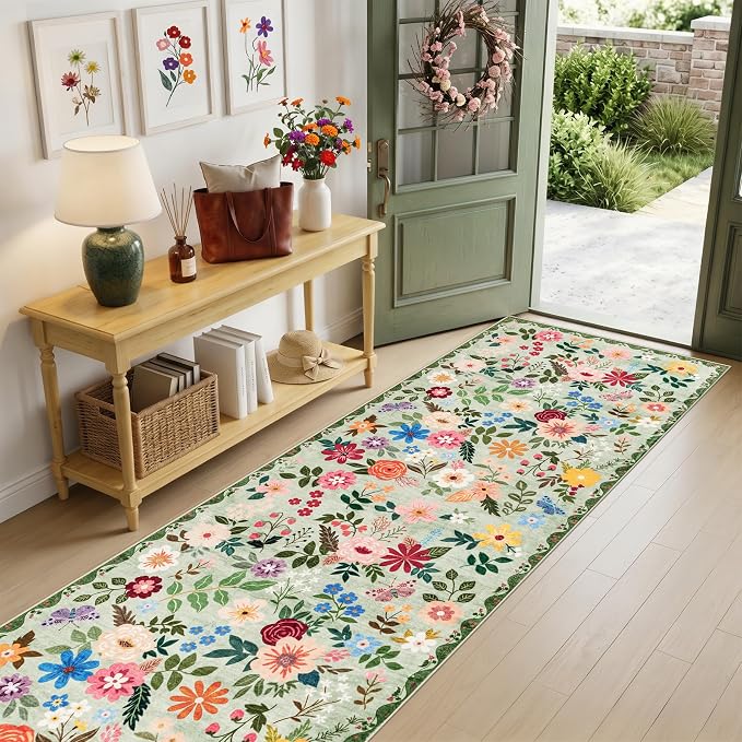 PLHXFR 3x10 Washable Runner Rug：Floral Indoor Kitchen Soft Carpet Green | - Image 2
