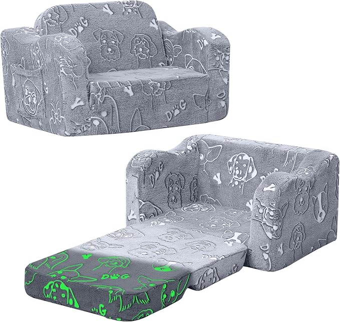 MeMoreCool Glowing Dog Print Kids Chair, 2-in-1 Foldable Kids Couch by MeMoreCool