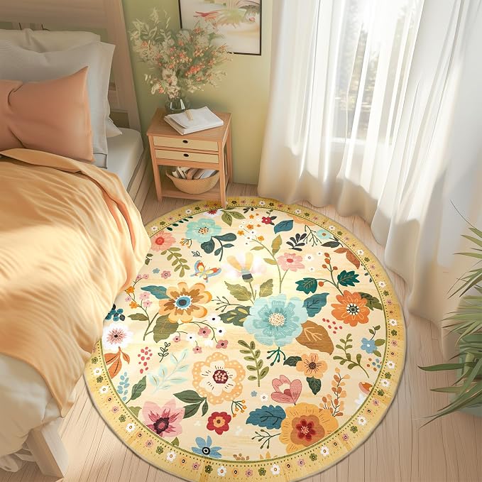 RELEANY Floral Washable Round 4ft Area Rug Ivory/Yellow | Flower Carpet Print - Image 3