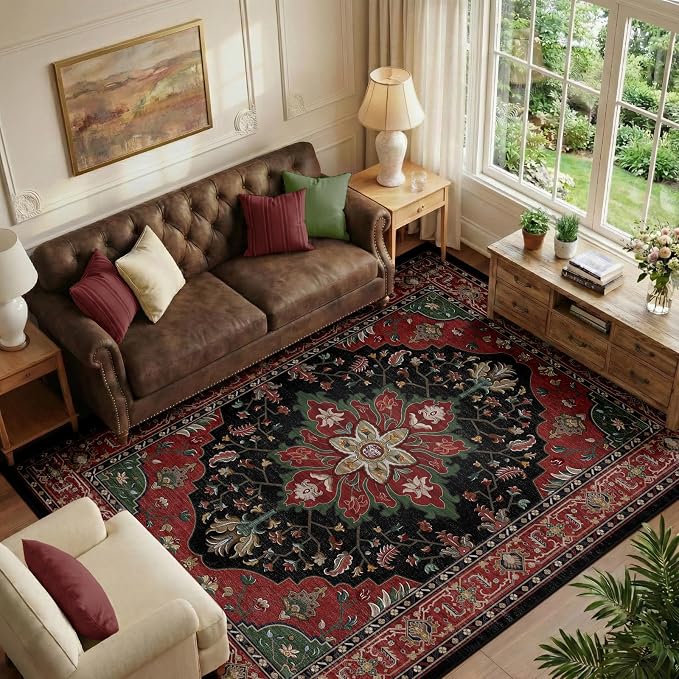 RELEANY Washable Area Rug, Water Repellent, Pet Friendly, Vintage Floral Boho by RELEANY