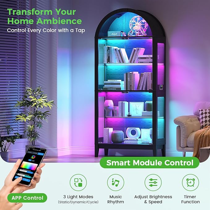 HNEBC Arched Display Case with RGB Lights, LED Curio Cabinet with Shelf - Image 3