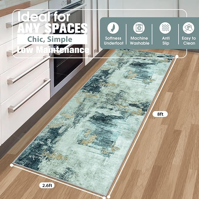 Runner Rugs for Hallways Kitchen 2.6x8 Non Slip Washable Teal Grey Gold | - Image 2