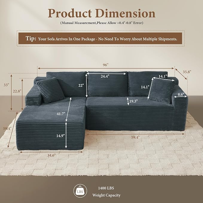 96" Sectional Couches for Living Room Cloud Couch Sofa - Image 2