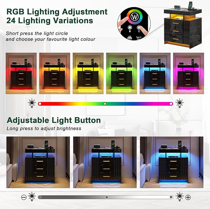 HNEBC LED Nightstand, Smart Bedside Table has Auto Sensor, High Gloss Night - Image 3
