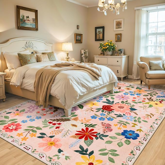 PLHXFR Area Rug Living Room: 5x7 Floral Washable Boho Soft Carpet Beige | - Image 3