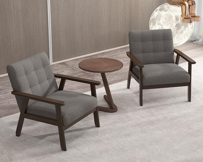 Modern Accent Chair with Wooden Table, Upholstered Linen Fabric Leisure Side by Unknown