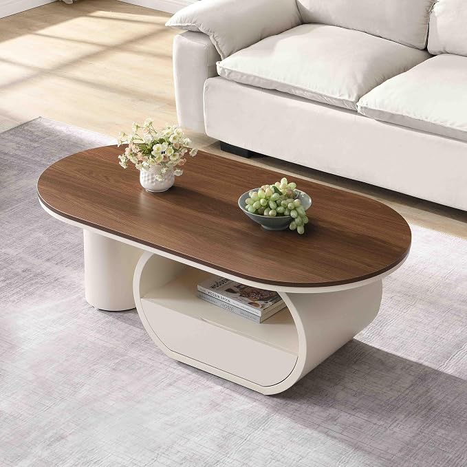 Modern Oval Coffee Table, 47.24" Brown Wood Top Coffee Table - Image 3