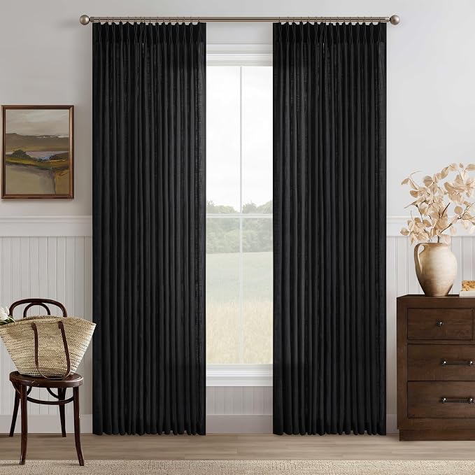 Linen Pleated Light Filtering Black Memory Shaped Curtains 108 Inches Long | by Twodrapes