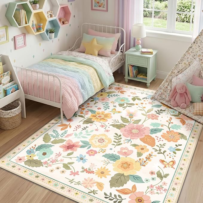 RELEANY Floral Washable 4x6 Area Rugs Beige/White/Orange | Flower Carpet Print - Image 8