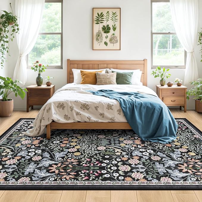 PLHXFR Area Rug 9x12 Living Room: Floral Washable Boho Carpet Dark Black | - Image 3
