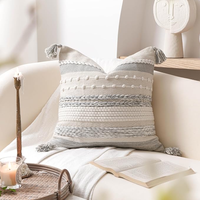 Gray Boho Decorative Throw Pillow Cover 20x20 Square Farmhouse Accent Cushion - Image 5
