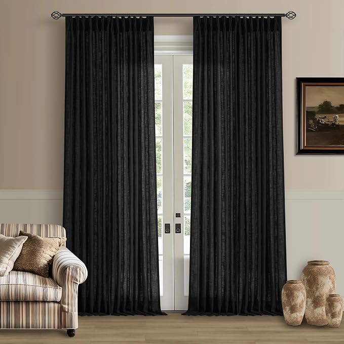 Black Pinch Pleated Linen Semi Sheer 108 Inch Curtains 2 Panels | Light by Twodrapes