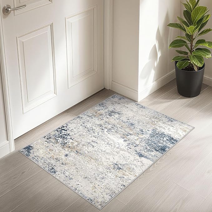 DMOYEST 2x3 Entryway Area Rug Washable Abstract Beige Blue Small Carpet | - Image 6