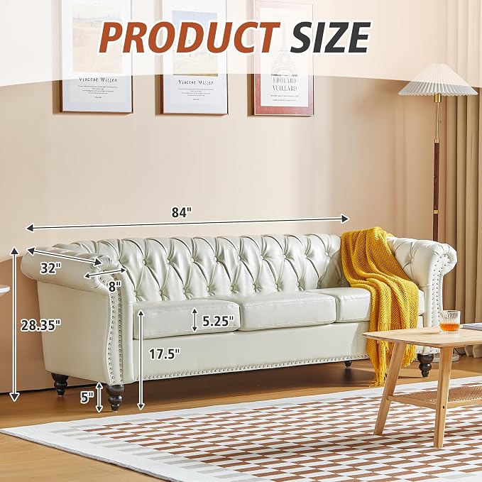 Chesterfield 3 Seater Sofa, Modern Leather Tufted Couch 3 Seater - Image 2