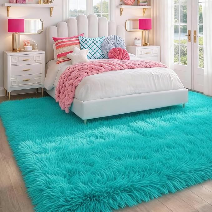 Soft Fluffy Teal Area Rugs for Bedroom Kids Room Shag Furry Carpet 4' x 6' | - Image 4