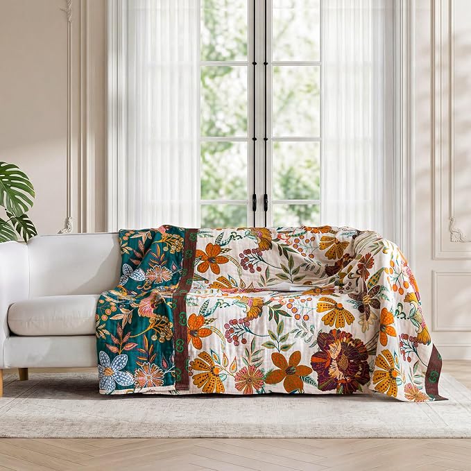 LUTBM Boho Throw Blanket for Bed 100% Cotton Soft Breathable Quilt Floral - Image 5