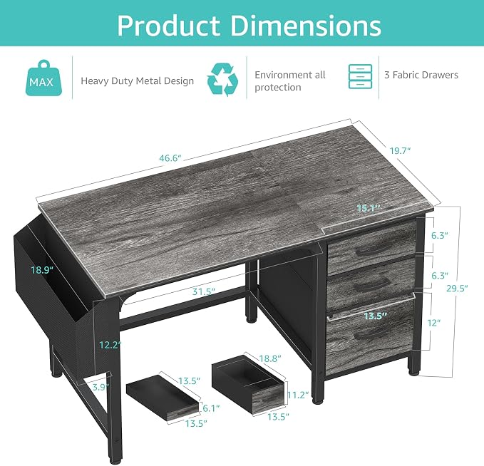 Lufeiya Computer Desk with File Drawers Cabinet, 47 Inch Home Office Desks with - Image 3