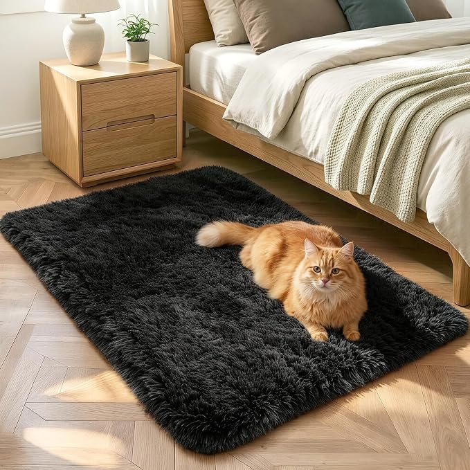 2x3 Black Fluffy Soft Area Rug Non-Slip by ModernHomeDecor