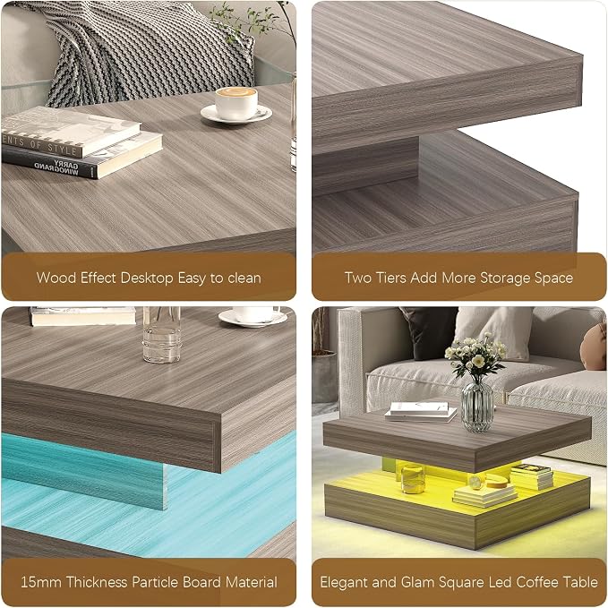 HedoAjim LED Coffee Table for Living Room, Living Room Table 2-Tier Square - Image 6