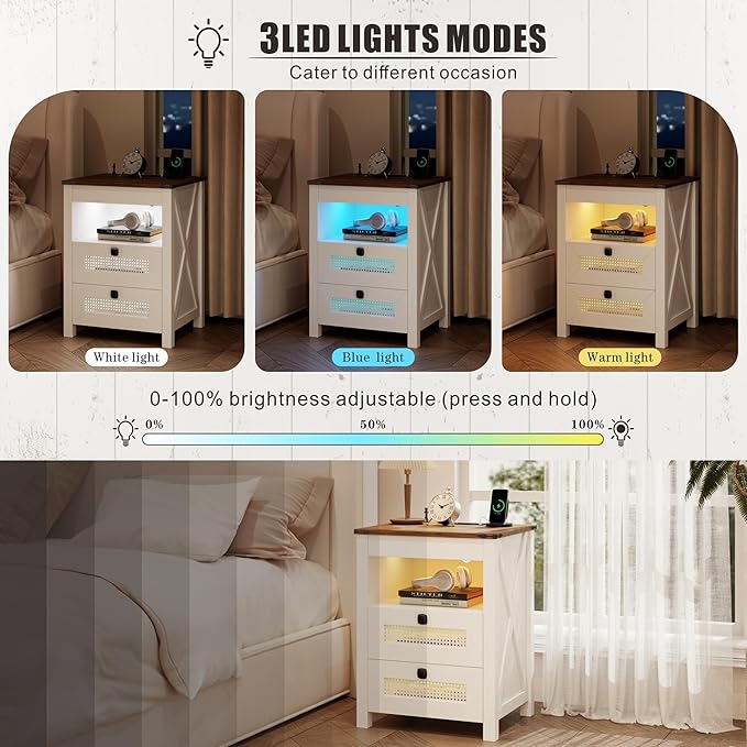 Nightstand with Gun Drawer, Rattan Bedside Table with Charging Station - Image 4
