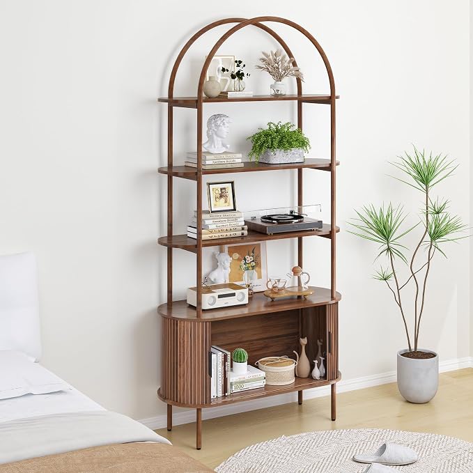 79" Tall Arched Bookshelf with Sliding Tambour Doors, Mid Century Modern Curved - Image 3