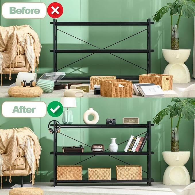 HCHQHS Bookshelf, 3-Tier Long Industrial Bookcase, Freestanding Horizontal - Image 4