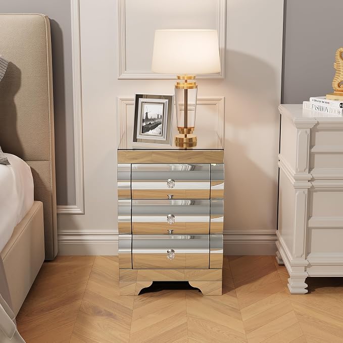 Curved Mirror Nightstand with 3 Drawer Glass Bedside Table - Image 3