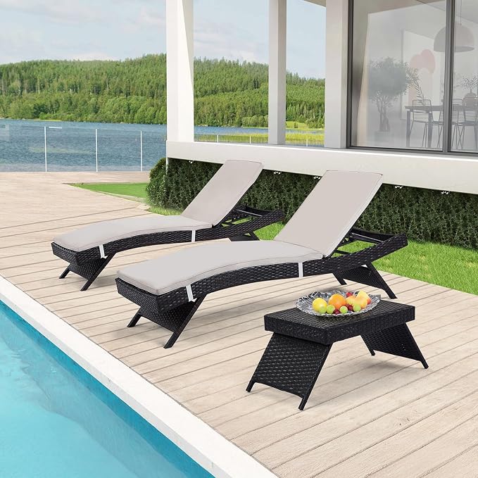 Outdoor Chaise Lounge Chairs + Coffee Table Set of 3 by Asifom
