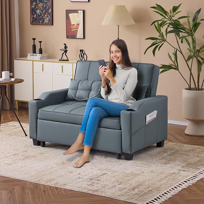 VINGLI Blue Grey Futon Sofa Bed Convertible Loveseat Sleeper Couch, Faux - Image 2