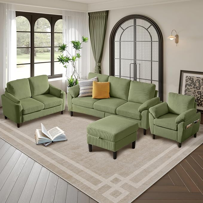 4 Piece Modern Corduroy Sofa Set, L-Shaped Sectional Couch - Image 4