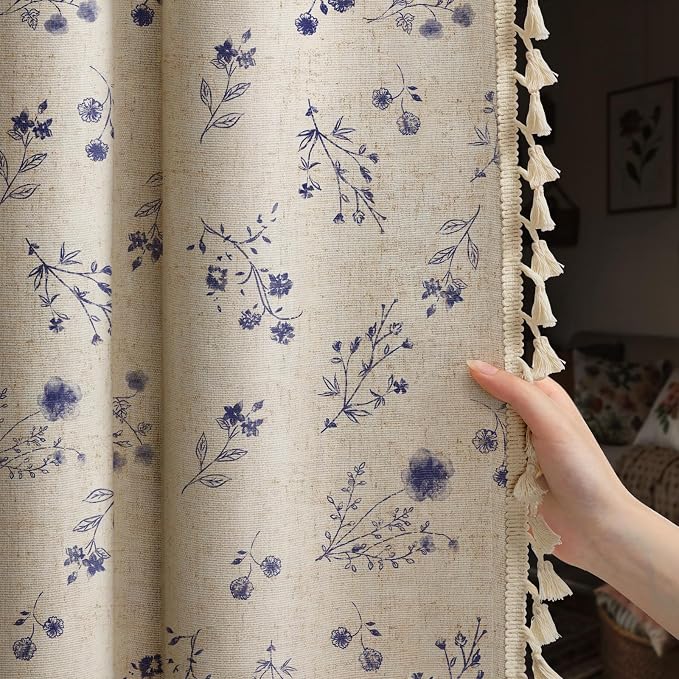 Boho Floral 100% Blackout Curtains 84 Inch 2 Panels Dark Blue | Farmhouse by Unknown