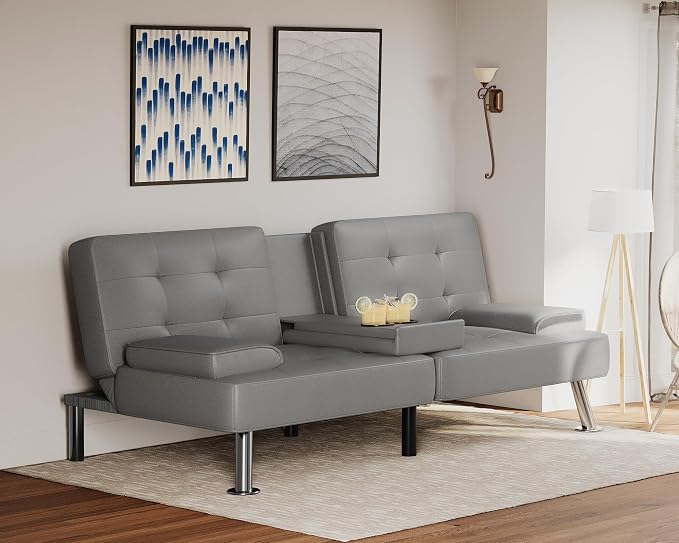 Flamaker Futon Sofa Bed Modern Folding Futon Set PU Leather Convertible - Image 5