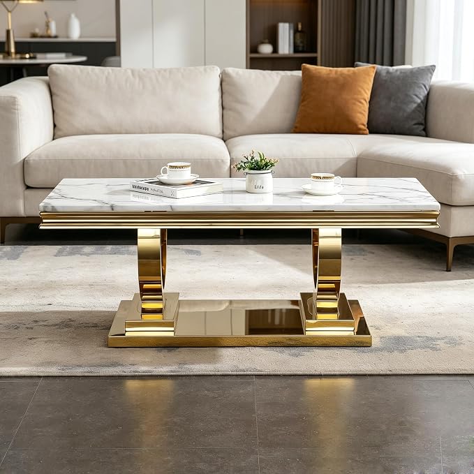 Henf 47" Marble Coffee Table Modern White Faux Marble Center Table - Image 3