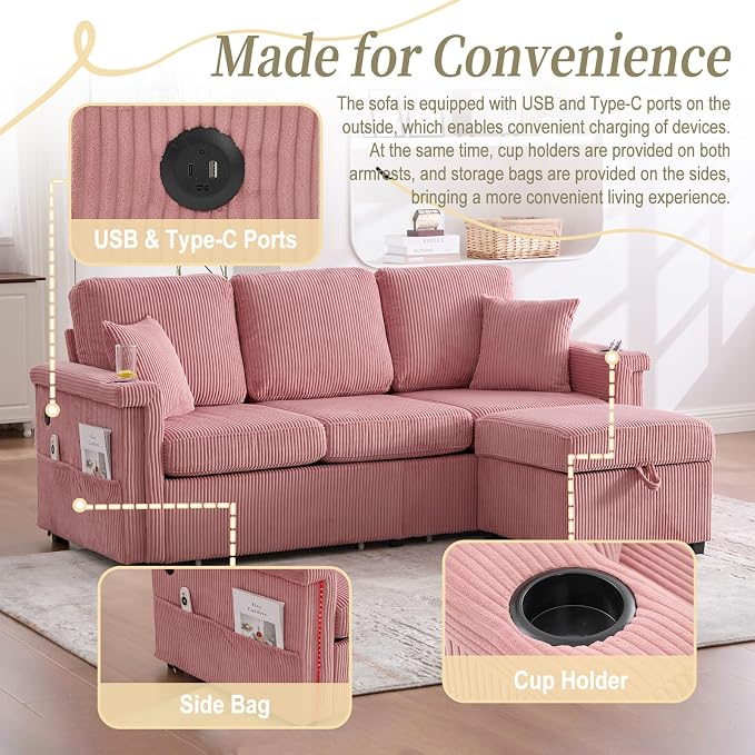 L-Shaped Sectional Sofa with Storage & Movable Ottoman, Corduroy 3 Seater - Image 6