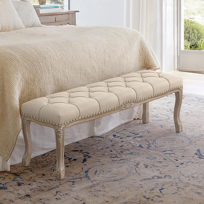 Cozyman Bedroom Bench, French Vintage Tufted Entryway 52.5" Carving Upholstered - Image 2