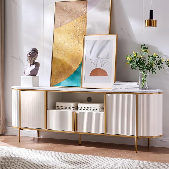OKD 70" Fluted TV Stand with Storage, Faux Marble Top Entertainment Center by OKD